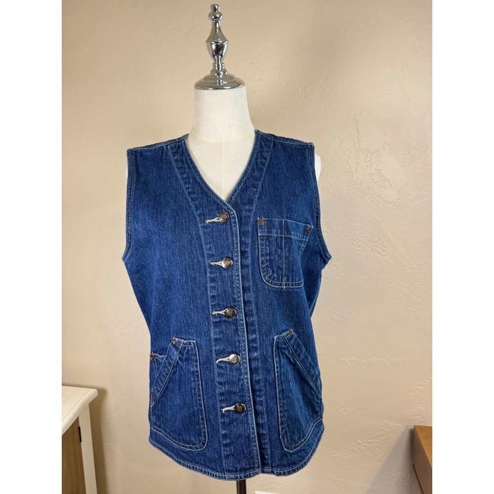 St Johns Bay Vintage Denim Vest Medium Wash Cotton Button Front Utility Pockets
